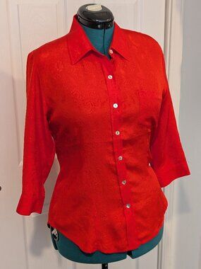 Anne Carson Red 100% Silk Jacquard Button Front Blouse Large